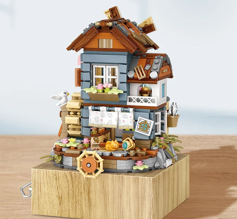 LOZ style music box Music box Windmill house Funny wooden house model decoration children's building blocks toy gift