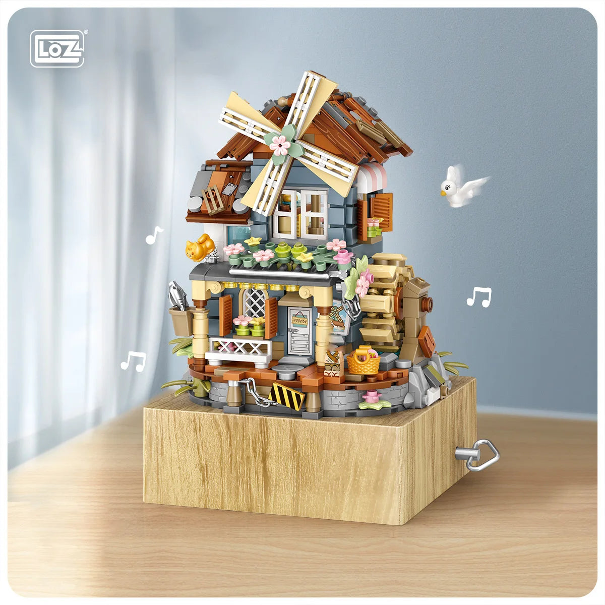 LOZ style music box Music box Windmill house Funny wooden house model decoration children's building blocks toy gift