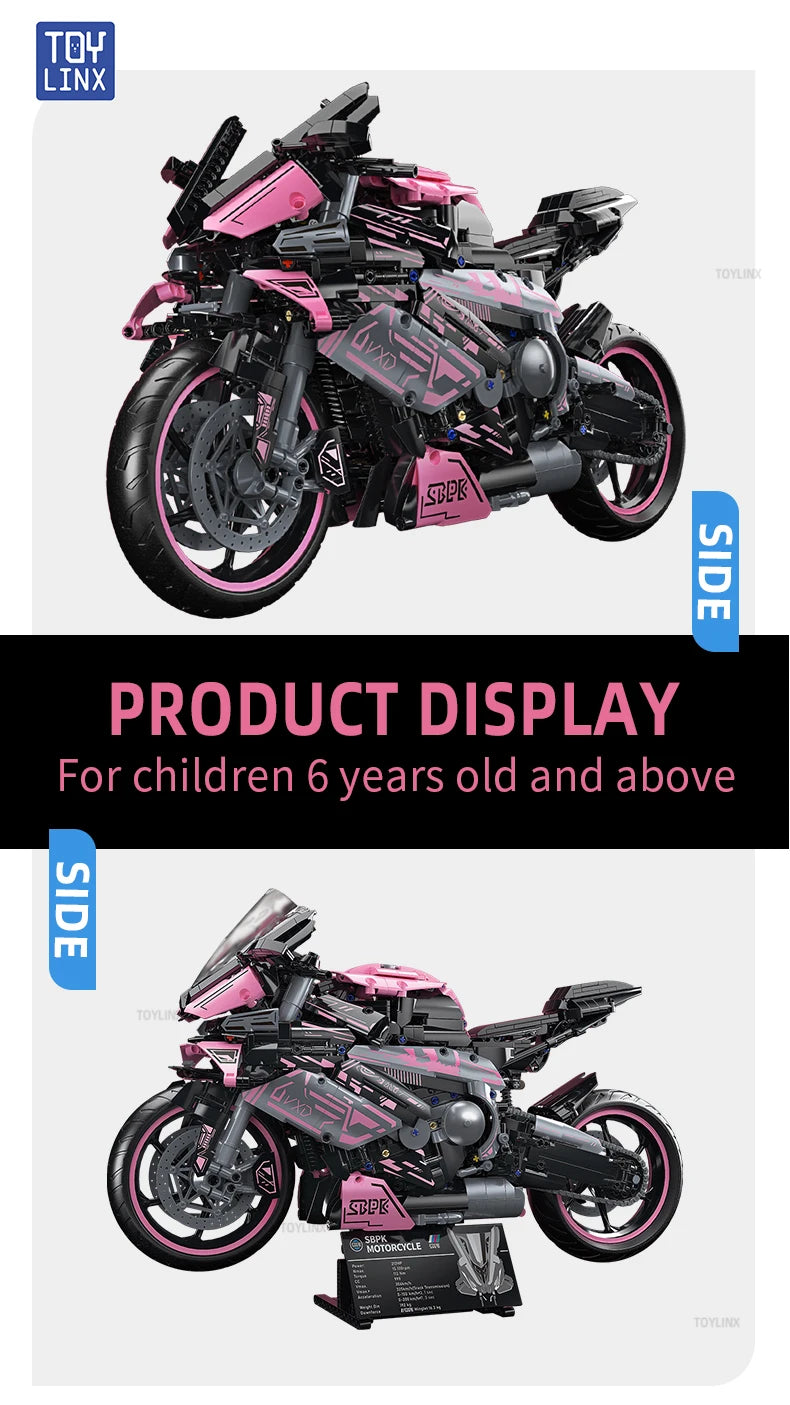 Cyberpunk Pink Motorcycle Desktop Decorations 2045PCS Racing Building Block Model Kid Toys Christmas Easter Festive Gift Giving