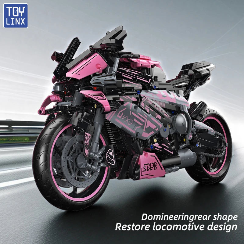 Cyberpunk Pink Motorcycle Desktop Decorations 2045PCS Racing Building Block Model Kid Toys Christmas Easter Festive Gift Giving