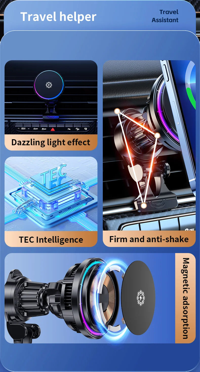 Magnetic Car Wireless Charger ice Cooling Phone Holder Mount For Magsafe iPhone 16 15 14 13 12 Pro Max Fast Car Charging Stand