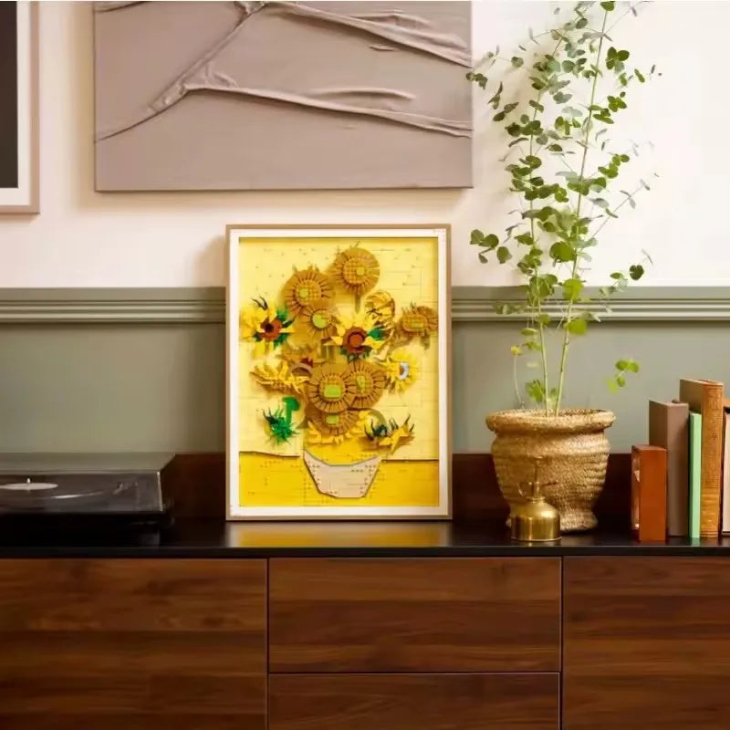 New product Moc creative sunflower model building block decoration Vincent van Gogh Sunflowers3D art mural building block set Di