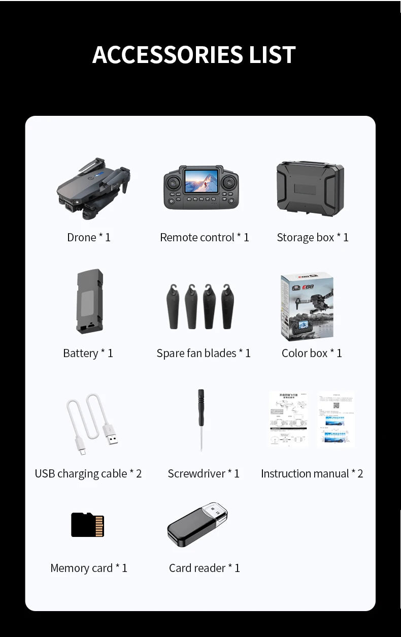 Professional Drone E88 PRO 8K HD Wide-Angle Camera WiFi FPV Height Hold Foldable RC Drone Quadrotor Helicopter Children's Toys