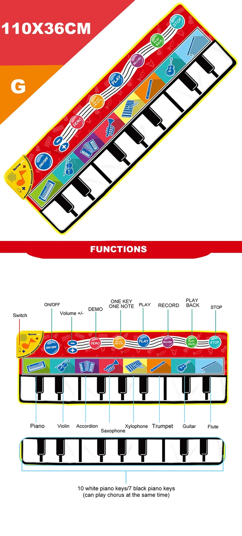 Coolplay Musical Piano Mat for Kids Toddlers Floor Keyboard Dance Mat with 8 Animal Sounds Baby Mat Educational Toys