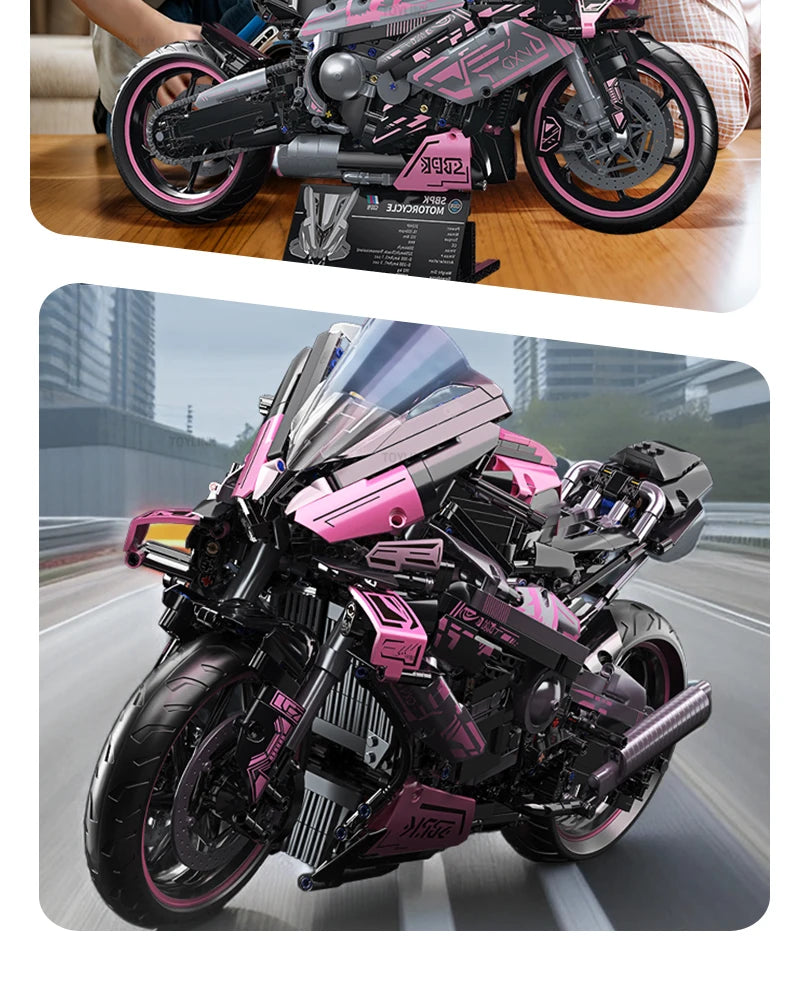 Cyberpunk Pink Motorcycle Desktop Decorations 2045PCS Racing Building Block Model Kid Toys Christmas Easter Festive Gift Giving