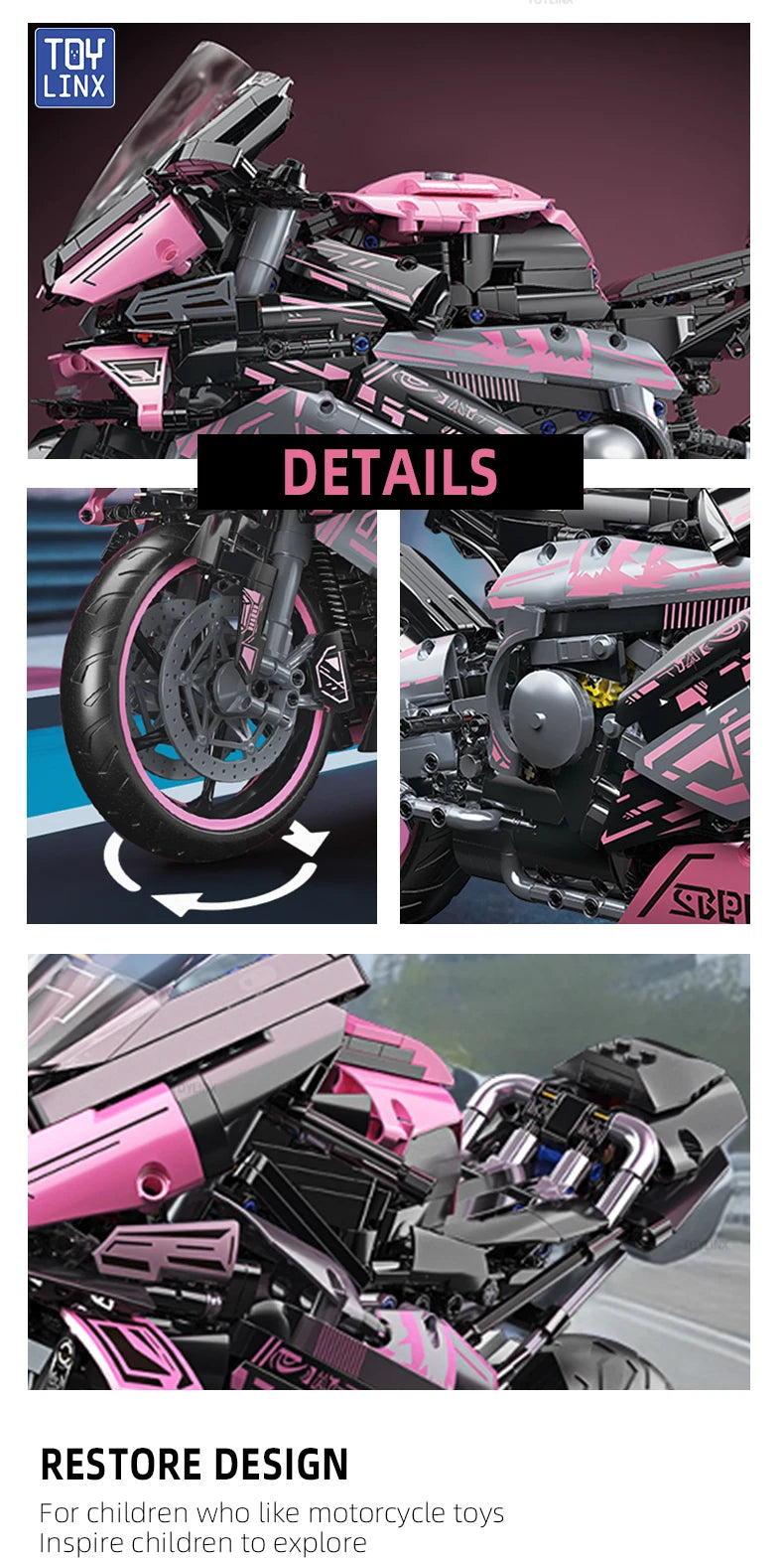 Cyberpunk Pink Motorcycle Desktop Decorations 2045PCS Racing Building Block Model Kid Toys Christmas Easter Festive Gift Giving