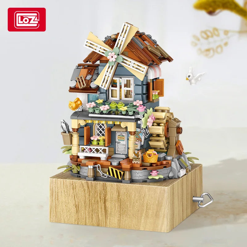 LOZ style music box Music box Windmill house Funny wooden house model decoration children's building blocks toy gift
