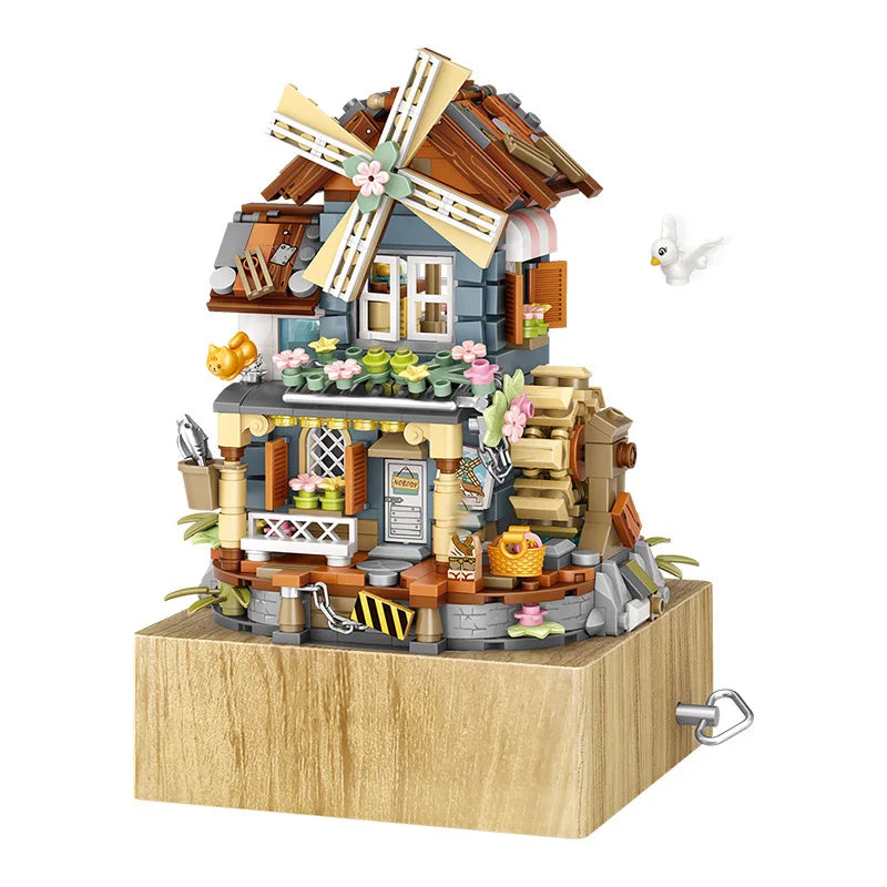 LOZ style music box Music box Windmill house Funny wooden house model decoration children's building blocks toy gift