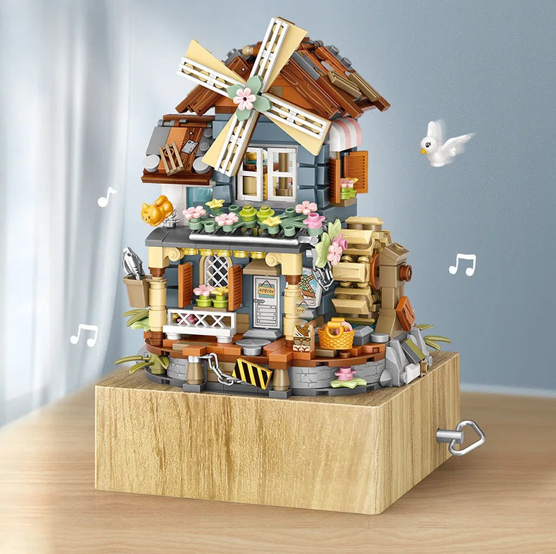 LOZ style music box Music box Windmill house Funny wooden house model decoration children's building blocks toy gift