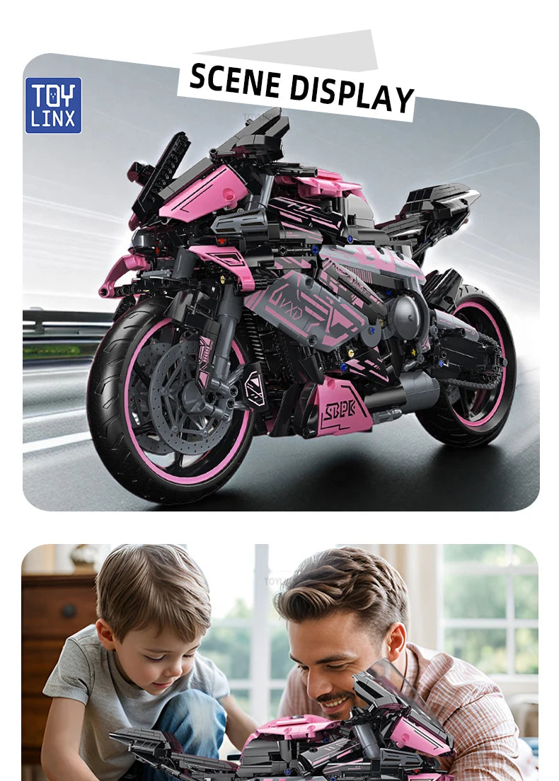 Cyberpunk Pink Motorcycle Desktop Decorations 2045PCS Racing Building Block Model  Kid Toys Christmas Easter Festive Gift Giving