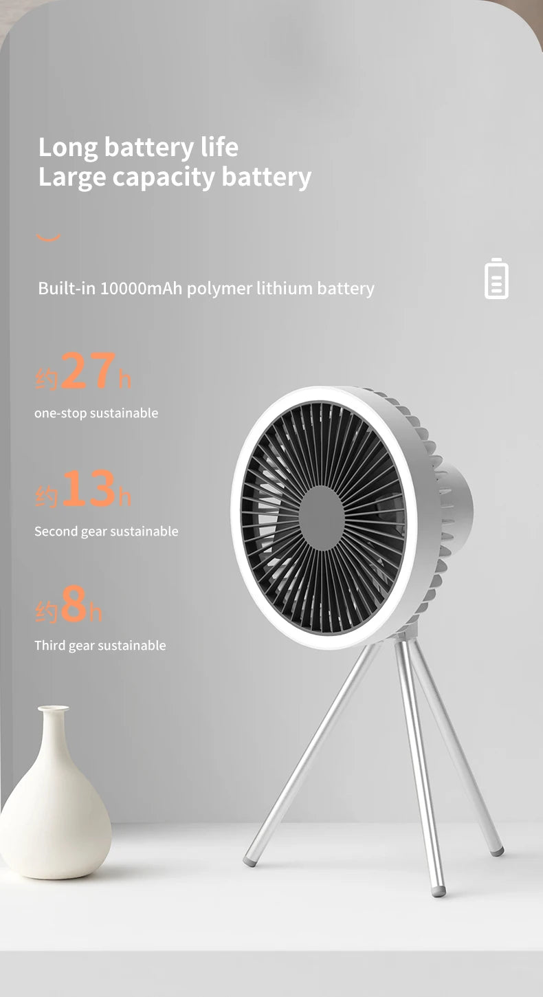 10000mAh Camping Fan Rechargeable Desktop Portable Circulator Wireless Ceiling Electric Fan with Power Bank LED Lighting