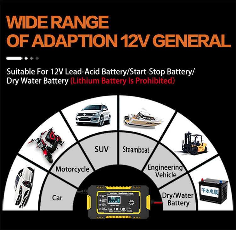 12V 6A Full Automatic Car Battery Charger Power Pulse Repair Chargers Wet Dry Lead Acid Battery Chargers Digital LCD Display