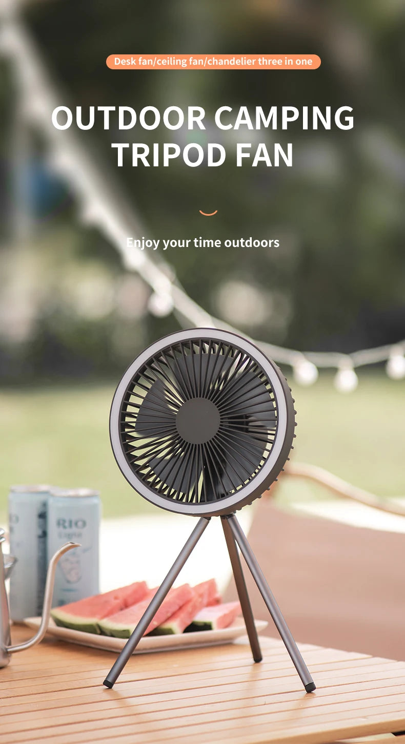 10000mAh Camping Fan Rechargeable Desktop Portable Circulator Wireless Ceiling Electric Fan with Power Bank LED Lighting