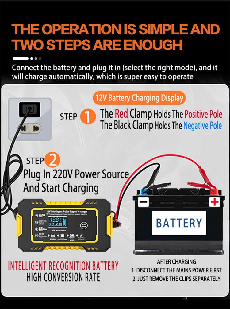 12V 6A Full Automatic Car Battery Charger Power Pulse Repair Chargers Wet Dry Lead Acid Battery Chargers Digital LCD Display