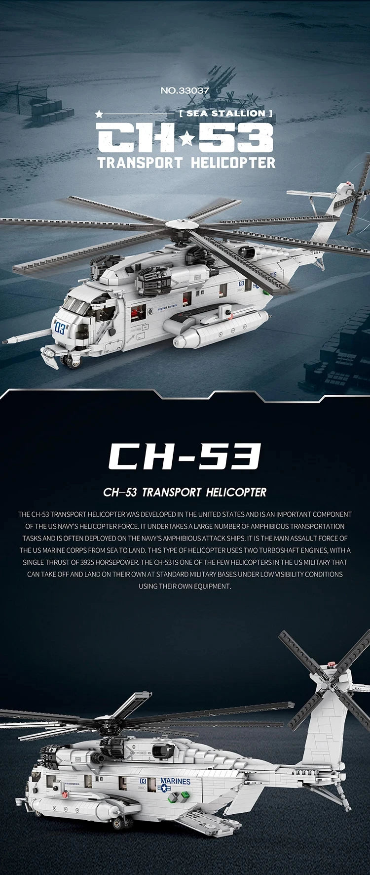 2192PCS CH-53E Transport Helicopter Building Blocks Army Plane Military Fighter Model Assembly Bricks Kids DIY Toys Holiday Gift
