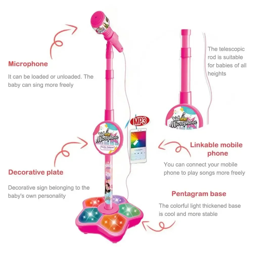 Kids Rocking-Roll Microphone with Stand Karaoke Song Music Instrument Toys Brain-Training Educational Toy Birthday Gift Girl Boy