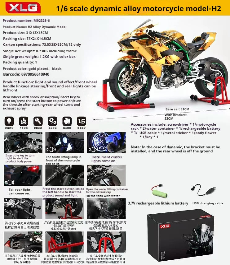 Ignition Start SuPer-Large high-End Spray Dynamic1:6 Kawasaki h2r Simulation Locomotive Motorcycle Alloy Car Model Oversized Toy