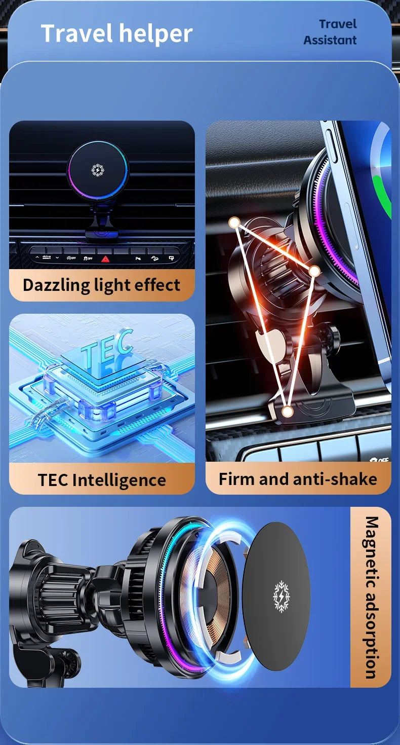 Ice Cooling Magnetic Wireless Car Charger Fast Charging Station for iPhone15 14 13 12 Pro Max 15W Magnet Car Phone Holder Stand