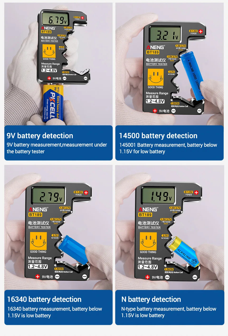 ANENG BT189 Button Cell Battery Tester Power Bank Detectors 9V N D C AA AAA Universal Household LCD Display Battery Tester Tools