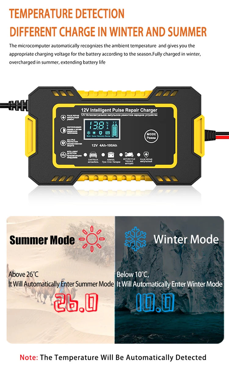 12V 6A Full Automatic Car Battery Charger Power Pulse Repair Chargers Wet Dry Lead Acid Battery Chargers Digital LCD Display