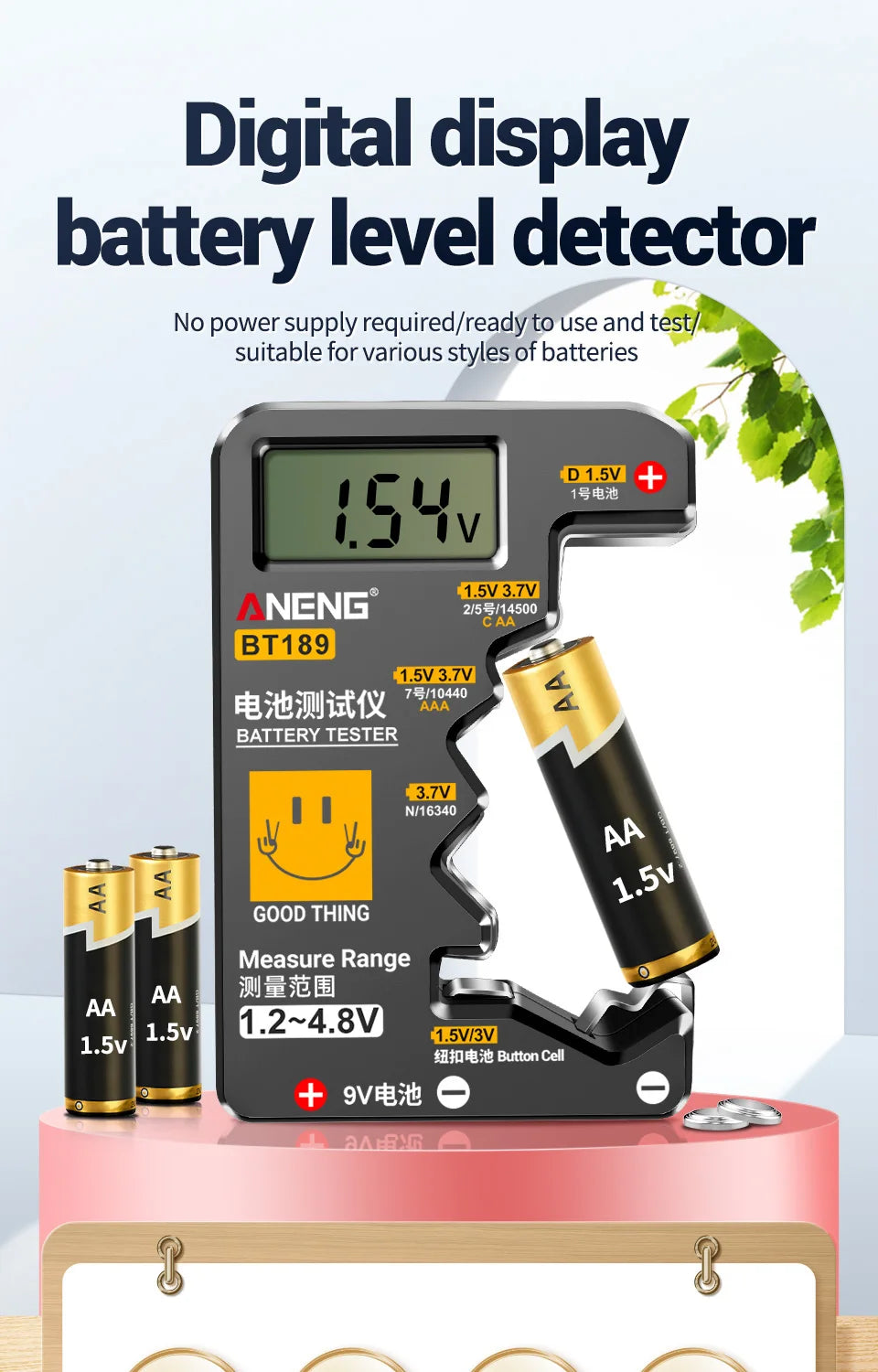 ANENG BT189 Button Cell Battery Tester Power Bank Detectors 9V N D C AA AAA Universal Household LCD Display Battery Tester Tools
