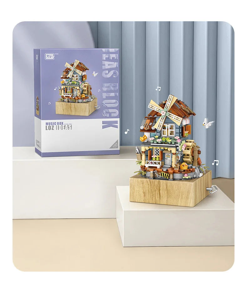 LOZ style music box Music box Windmill house Funny wooden house model decoration children's building blocks toy gift