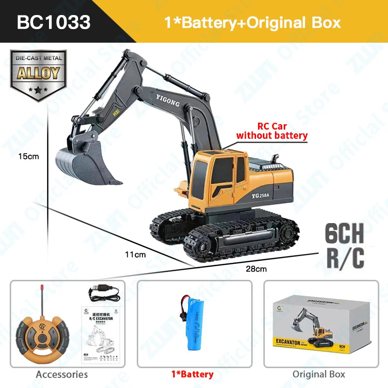 ZWN 2.4G 6/5CH Remote Control Excavator RC Model Car Toy Professional Alloy Plastic Simulation Construction Vehicle For Kid Gift