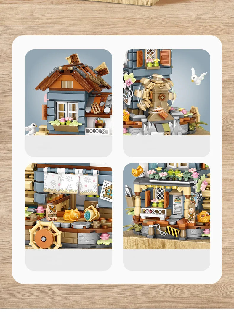 LOZ style music box Music box Windmill house Funny wooden house model decoration children's building blocks toy gift
