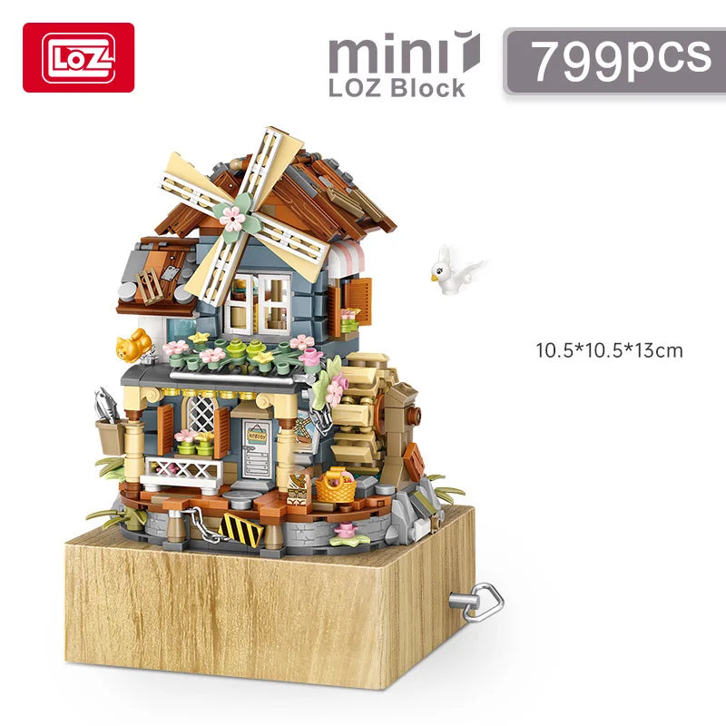 LOZ style music box Music box Windmill house Funny wooden house model decoration children's building blocks toy gift