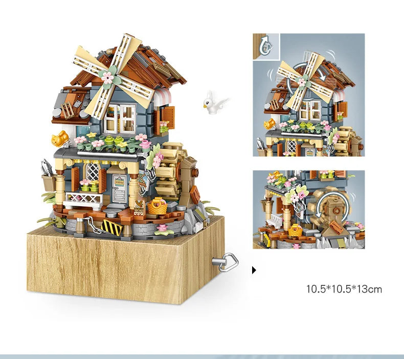 LOZ style music box Music box Windmill house Funny wooden house model decoration children's building blocks toy gift