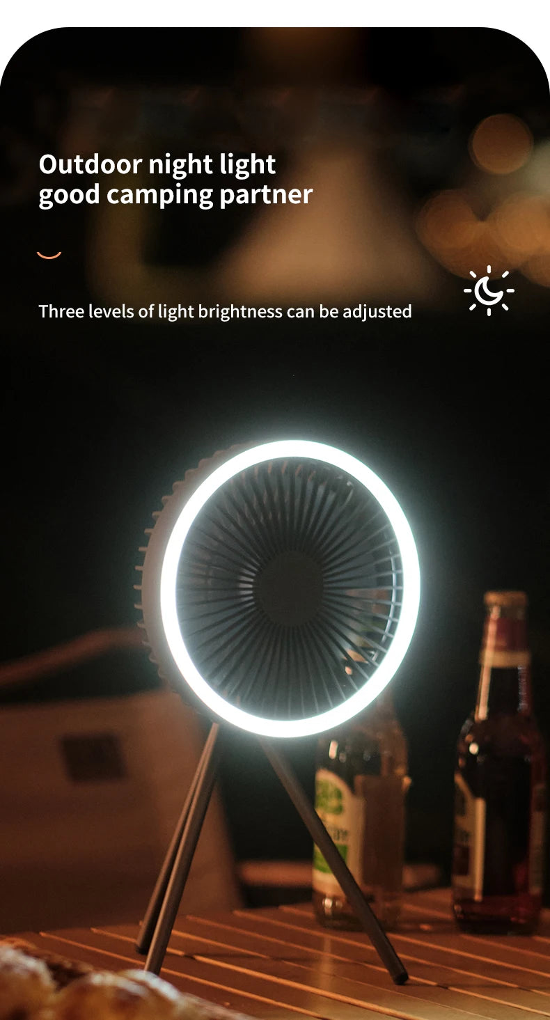 10000mAh Camping Fan Rechargeable Desktop Portable Circulator Wireless Ceiling Electric Fan with Power Bank LED Lighting