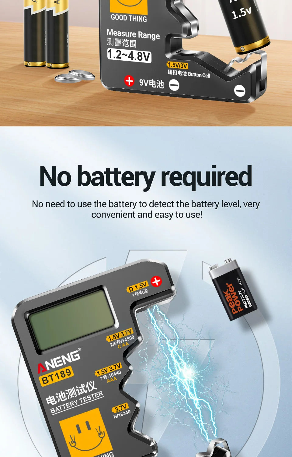 ANENG BT189 Button Cell Battery Tester Power Bank Detectors 9V N D C AA AAA Universal Household LCD Display Battery Tester Tools