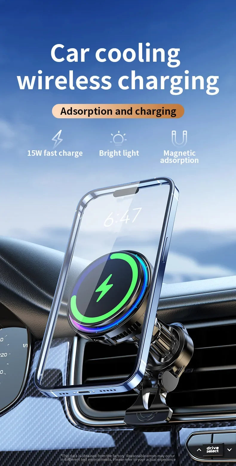 Ice Cooling Magnetic Wireless Car Charger Fast Charging Station for iPhone15 14 13 12 Pro Max 15W Magnet Car Phone Holder Stand