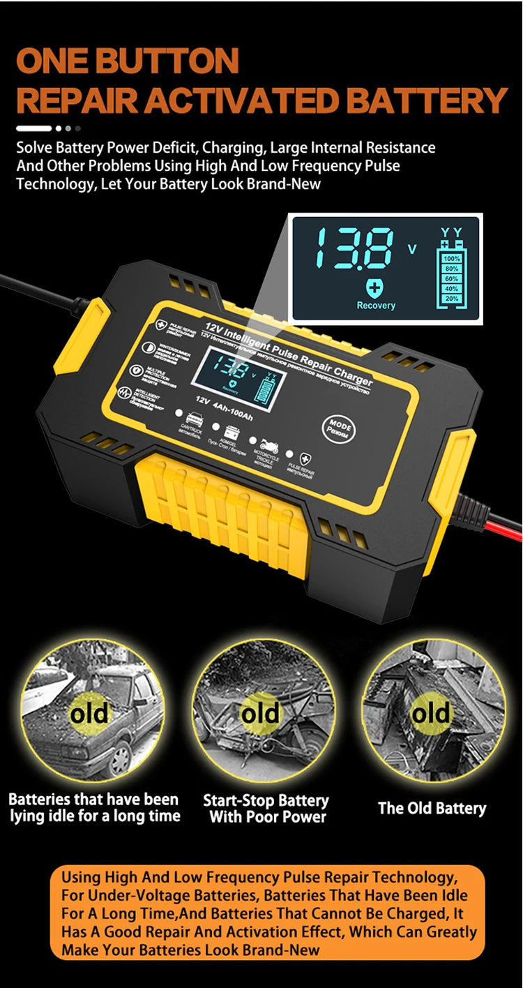 12V 6A Full Automatic Car Battery Charger Power Pulse Repair Chargers Wet Dry Lead Acid Battery Chargers Digital LCD Display