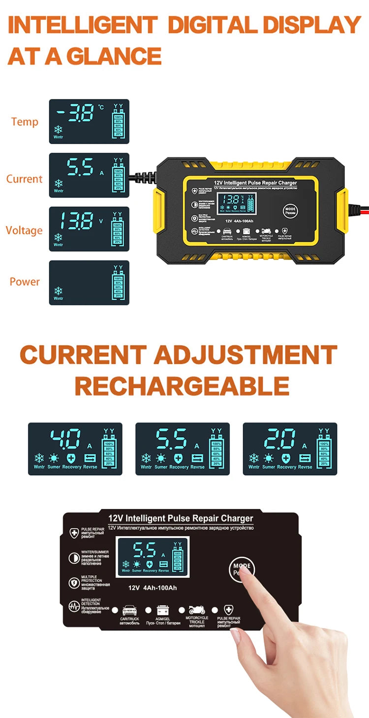 12V 6A Full Automatic Car Battery Charger Power Pulse Repair Chargers Wet Dry Lead Acid Battery Chargers Digital LCD Display