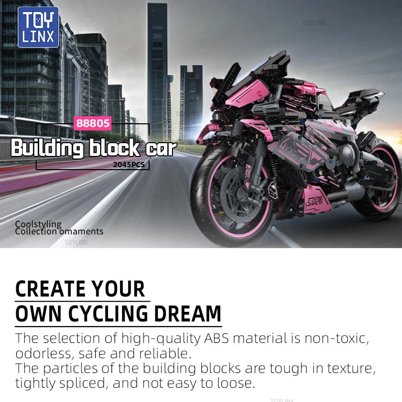 Cyberpunk Pink Motorcycle Desktop Decorations 2045PCS Racing Building Block Model  Kid Toys Christmas Easter Festive Gift Giving