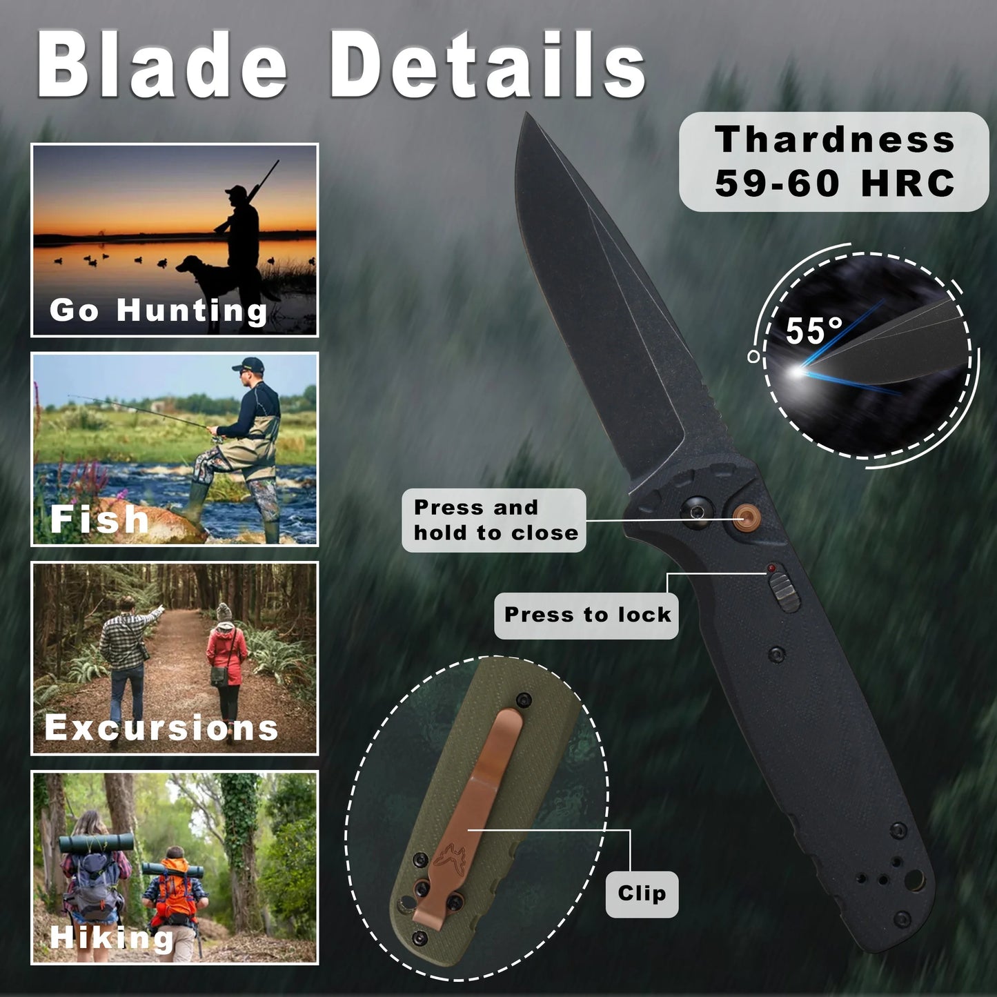 Outdoor Survival Folding Knife, EDC Knife, D2 Steel G10 Handle, BM Knife 4300 Knife Fan Collector, Suitable for Survival Hunting