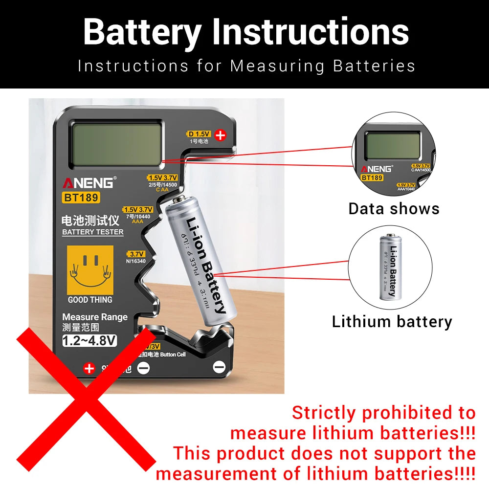 ANENG BT189 Button Cell Battery Tester Power Bank Detectors 9V N D C AA AAA Universal Household LCD Display Battery Tester Tools