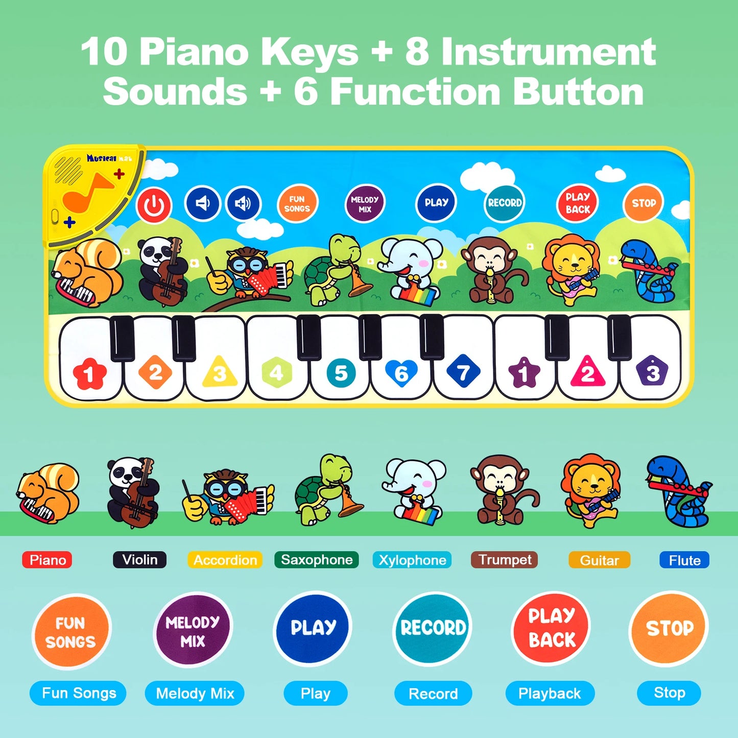 Coolplay Musical Piano Mat for Kids Toddlers Floor Keyboard Dance Mat with 8 Animal Sounds Baby Mat Educational Toys