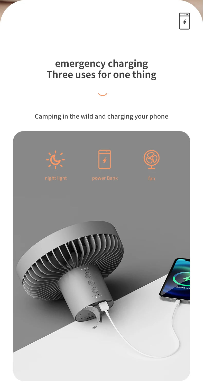 10000mAh Camping Fan Rechargeable Desktop Portable Circulator Wireless Ceiling Electric Fan with Power Bank LED Lighting