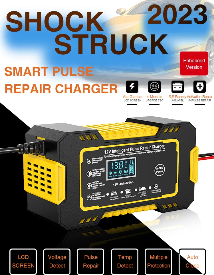 12V 6A Full Automatic Car Battery Charger Power Pulse Repair Chargers Wet Dry Lead Acid Battery Chargers Digital LCD Display